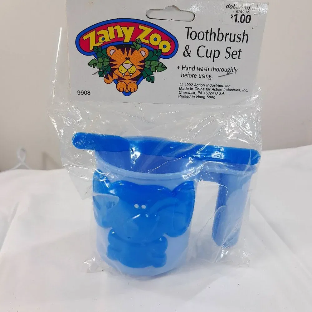 New Zany Zoo Toothbrush & cup set kids toddler blue elephant 80s 90s Hong Kong